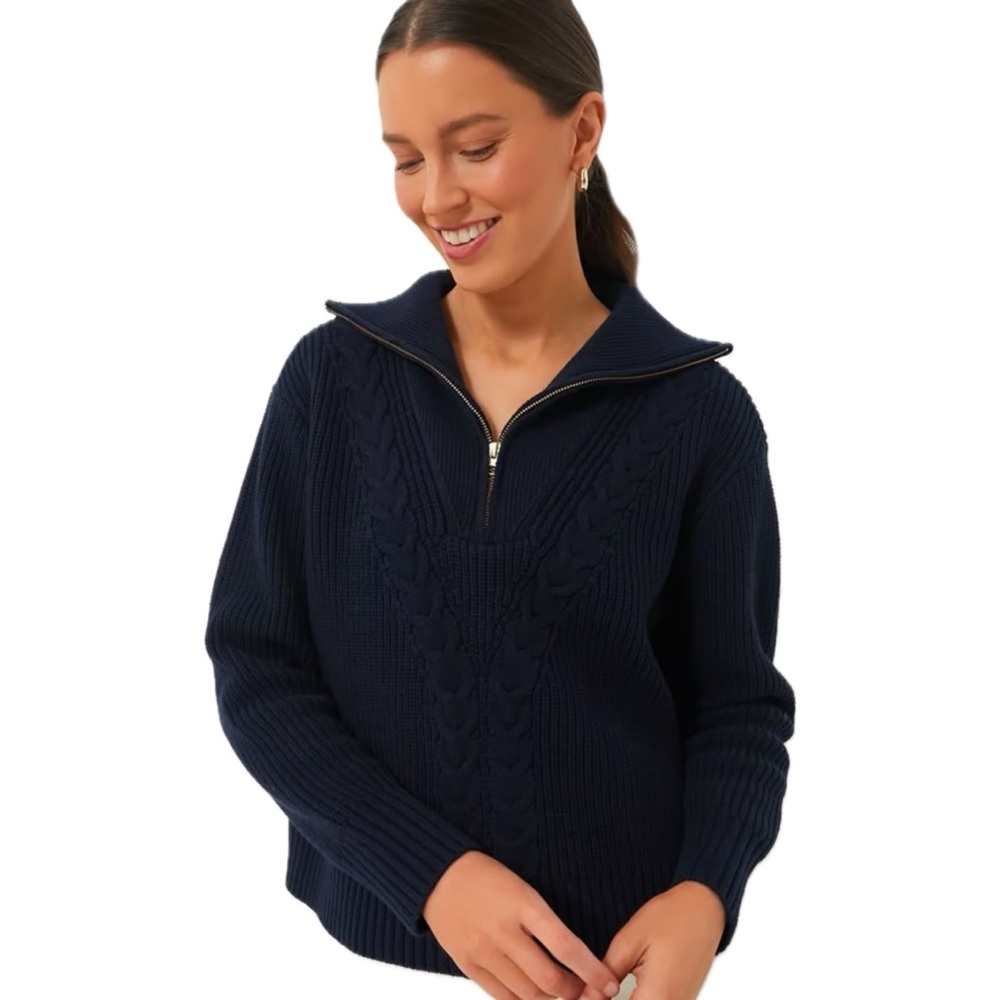 Tuckernuck Estella Navy Blue 1/4 Zip Cabled Cotton Chunky Knit Sweater